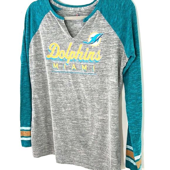 Majestic Dolphins Heathered Long Sleeve Baseball Tee Shirt Gray Size Large - Picture 2 of 8